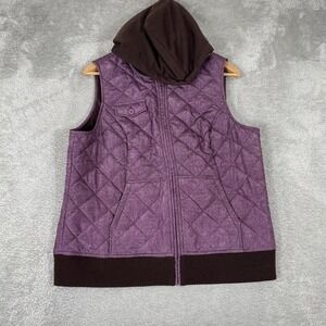 RuffHewn Quilted Vest Womens Large Purple Hooded Herringbone Full Zip Puffer